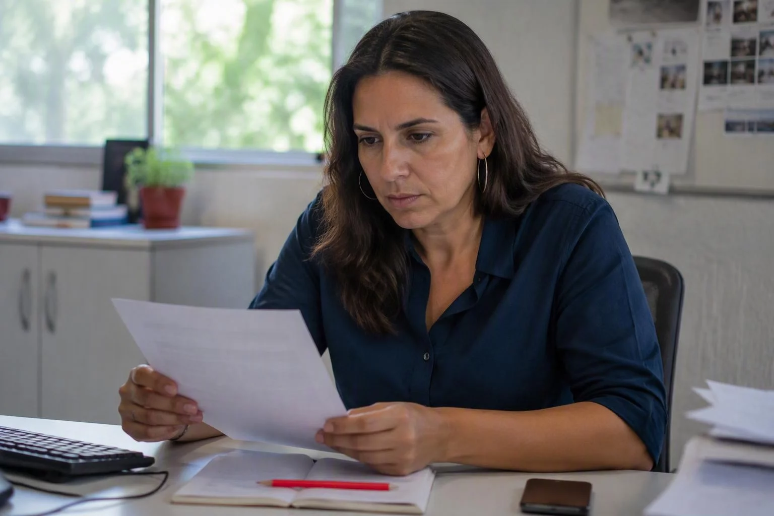 Redatora lendo a prova impressa de um artigo sobre a mesa da redação