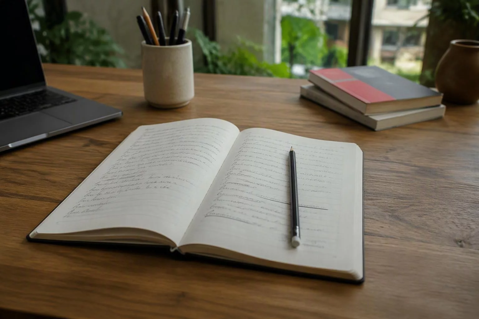 Caderno aberto com a pauta da semana e três títulos rascunhados