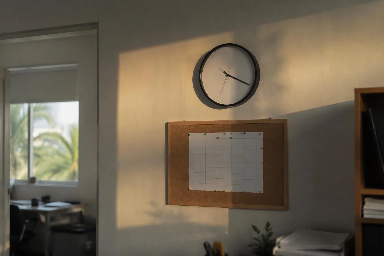 Relógio de parede acima do quadro de fechamento da semana